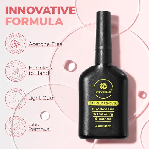 UNA GELLA Inbuilt Crowbar Press On Nail Glue Remover 30ML Acetone-Free Gentle Soak Off Gel Nail Glue Polish Remover for Nail Tip Adhesive Glue Easily Home DIY Not for U V Cured Gel
