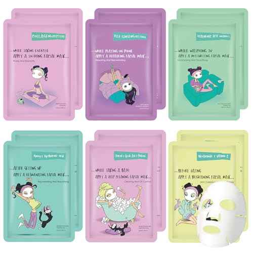 Face Masks Skincare Set for Girl,Moisturizing Collagen Facial Masks for Women Home Spa,Hyaluronic Acid Face Mask for All Skin Types,Day Night Facial Mask Hydrating,Deep Cleaning,Oil Contral(12Pack)