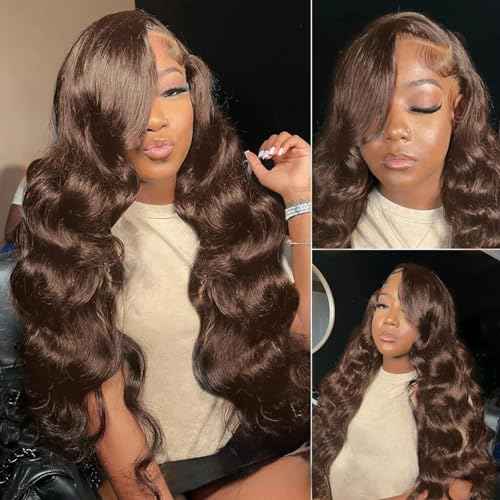 Chocolate Brown Lace Front Wig 200 Density 13x6 HD Body Wave Lace Front Wigs Human Hair Pre Plucked Colored Frontal Glueless Brown Human Hair Wig for Women
