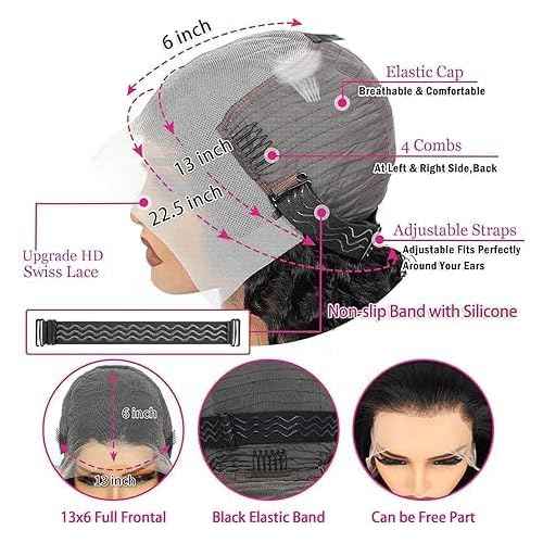 Water Wave 13x6 HD Transparent Lace Front Wigs Human Hair Pre Plucked Deep Wave Glueless Wigs Human Hair 180% Denisty Lace Frontal Wigs Human Hair for Women Natural Black Color 22 Inch