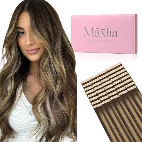 MAXITA Tape in Hair Extensions Human Hair 4/27/4 Chocolate Brown Mixed Caramel Blonde Balayage 20 Inch 100g 40pcs Thick Ends Straight Seamless Tape ins Remy Invisible Tape in Extensions Human Hair
