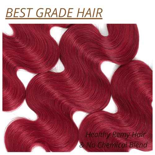 Red Burgundy Human Hair Bundles with Closure Body Wave, 3 Bundles with 4x4 Closure HD Transparent Lace with Baby Hair Free Part Cherry Red 99J Color Quick Weave Hair Extensions 12 14 16 +12 In