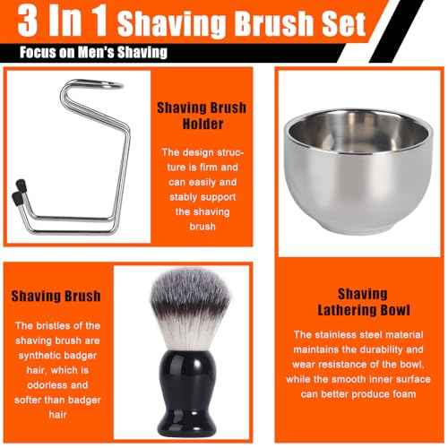 Shaving Brush, 3 In 1 Shaving Brush Set Includes Stainless Steel Shaving Stand and Bowl, Synthetic Badger Hair Shave Brush for Men's Shave Gift