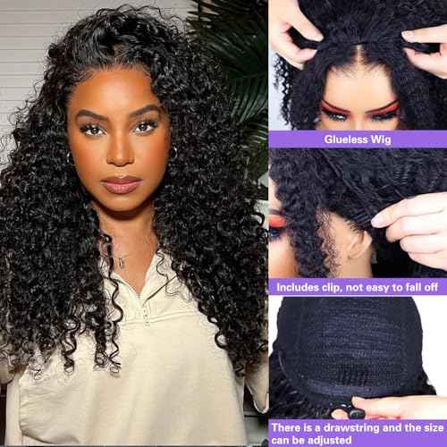 Deep Wave Half Wig Human Hair 200% Density Wear Go Glueless Wigs Human Hair Curly 3 In 1 Half Wigs 22 Inch for Women Drawstring Seamless Flip Headband Wig Beginner Friendly
