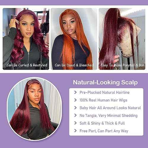 REMY HAIR 99J Burgundy Straight Lace Front Wigs Human Hair 13x4 Transparent Lace Front Wig Pre Plucked with Baby Hair 180% Density Glueless Wigs Natural Hairline Red (16 Inch)
