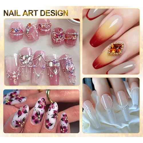4390pcs Gold Nail Charms Caviar Beads for Nails, 2 Box Silver & Gold Beads for Nails and Flatback Pearls for Nail Art Supplies, Chloe Golden Caviar Chain for Nail Decals Jewelry Accessories