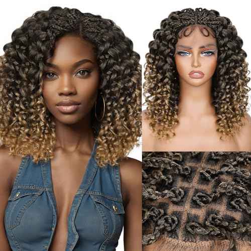 Lady Miranda Double Full Lace GoGo Curl Braided Wigs for Black Women Synthetic Lace Front Wigs Natural Knotless Curly Braided Wig with Baby Hair(1B/27, 12 Inch)