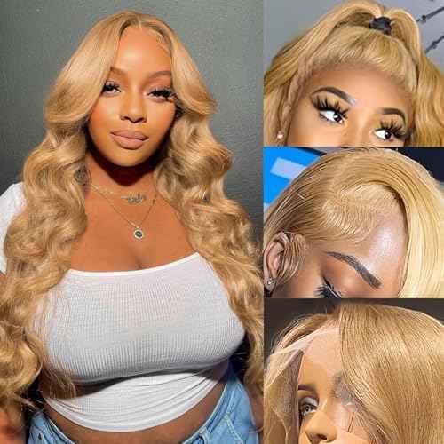 180% Density 13x6 Ash Blonde Lace Frontal Wig Human Hair Honey Blonde Body Wave Lace Frontal Wigs Human Hair 27# Colored Lace Front Wigs For Women Pre Plucked (18inch)