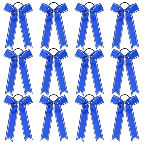 DEEKA Long Tail Rhinestones Cheer Bows 12 PCS Collegiate Style Full Rhinestone Skinny Ponytail Holder Handmade for Girls Teens Cheerleader Sports (Royal Blue)