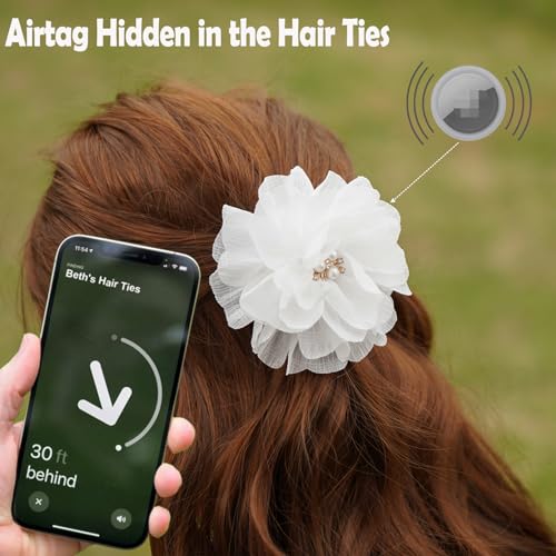 2 Pack Kids Hair Ties Holder for Airtag, Cute Flower Hidden Hair Elastic Band Tracker Case for Girls (Pink White, Thick Hair)