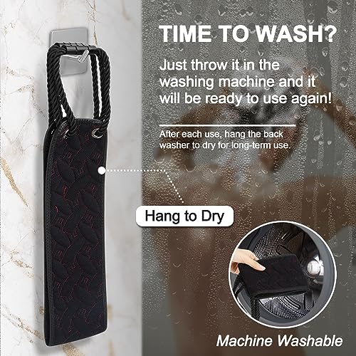 Exfoliating Back Scrubber for Use in Shower, 38.5 Inch Back Washer with Handles, Dual-Sided Body Exfoliator for Daily & Deep Skin Cleaning, Bath Back Scrub Washcloth for Men & Women (Black)