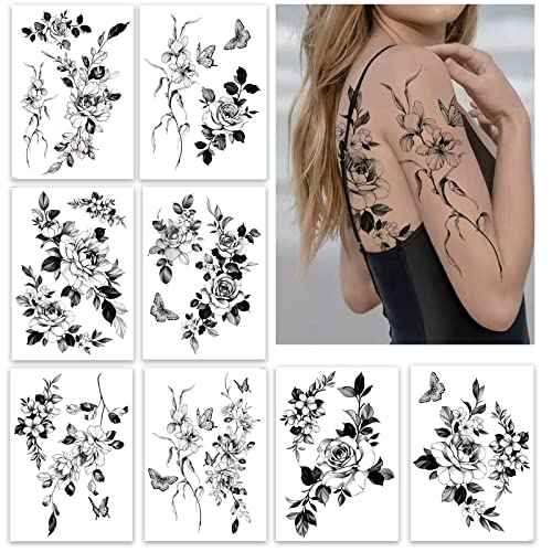 Temporary tattoos for women sexy thigh chest shoulder stomach Large flower huge fake tattoos£¬Exquisite and aesthetic£¬Designed By Real Tattoo Artists | Roarhowl tattoo rose 8 sheets