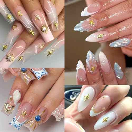 Gold Nail Charms, 2Boxes Gold Star Ocean Nail Gems Charms, Metal Small Star Moon Seashell Starfish Summer Charms for Acrylic Nail Art Alloy Nail Rhinestones for Women DIY Accessories