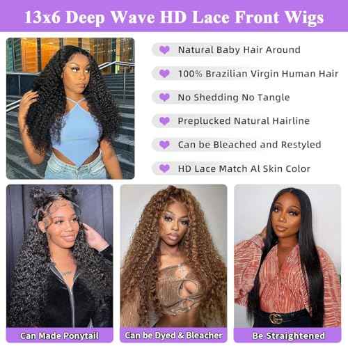 13x6 Deep Wave Lace Front Wigs Human Hair 200% Density 26 Inch Curly Human Hair Wig for Women Natural Black HD Transparent Lace Glueless Frontal Wigs Human Hair Pre Plucked