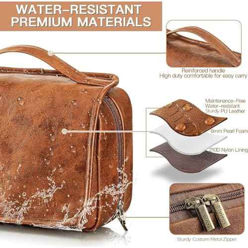 Elviros Hanging Toiletry Bag for Men Travel Essentials 3-in-1 Large Waterproof Dopp Kit PU Leather Shaving Bag with Separate Compartments for Grooming and Toiletries Mens Gift