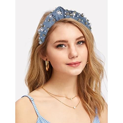 Pearl Knotted Headband for Women White Pearl Rhinestone Crystal Jeweled Embellished Hairband Fashion Elegant Ladies Wide Top Knot Bride Boho Head Band Headpieces Bachelorette Party Hair Accessories