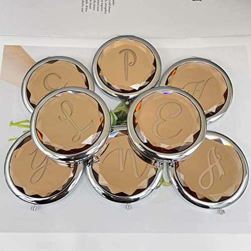 Compact Crystal Pocket Makeup Mirrors,Letter Mirrors Set Include 1 Letter Mirror 1 Letter Love Knot Bracelets for Bachelorette Party Bridesmaid Proposal Gifts ,Wedding Party Gifts. (Champagne T)