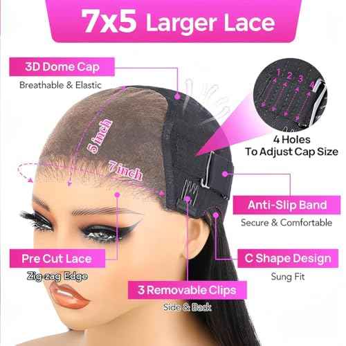Straight Glueless Pre Plucked Pre Cut 7X5 HD Lace Pre Bleached Knots Wigs Human Hair,Wear and Go Lace Front Wig with Natural Hairline Baby Hair for Black Women 200% Density 20 Inch