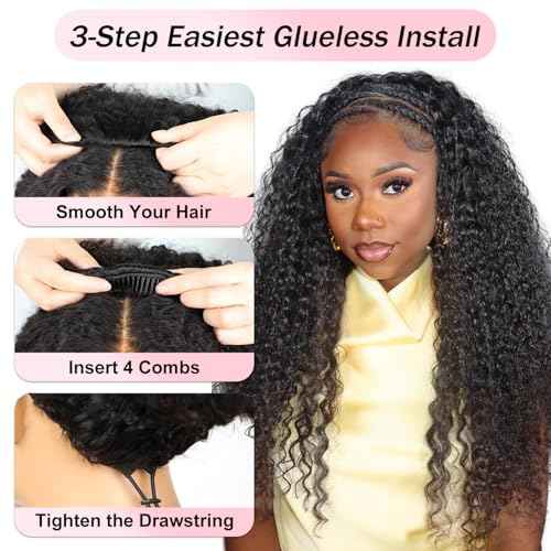 BGM GIRL Half Wig Human Hair Water Wave 3 in 1 Wigs Beginner Friendly Flip Over Drawstring Glueless Wig Ready to Go Seamless Clip in Wigs Natural Black Color 18 Inch