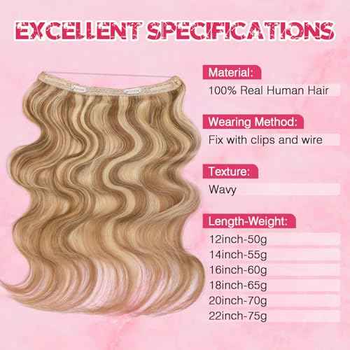 Halo Hair Extensions Real Human Hair, MY-LADY Adjustable Halo Extensions Real Human Hair, 22 inch Golden Brown mix Bleach Blonde Women's Long Wavy Hair Invisible Wire Hair Extensions