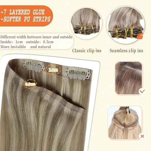 Full Shine Blonde Clip in Hair Extensions Dirty Blonde with Highlights Hair Extensions 16 Inch Real Hair Extensions Clip in Golden Blonde Ease of Use 8 PCS 120 G