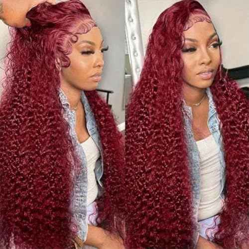 Burgundy Wig Human Hair 99j Burgundy 13x6 Deep Wave Lace Front Wigs Human Hair Pre Plucked HD Transparent Lace Frontal Wigs for Black Women Red Colored Wig 24 Inch