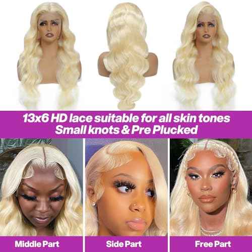 613 13x6 Lace Front Wig Human Hair Body Wave Blonde Wig Human Hair HD Transparent Lace Frontal Wigs for Women 200 Density Glueless Wigs Pre Plucked With Baby Hair 22 Inch