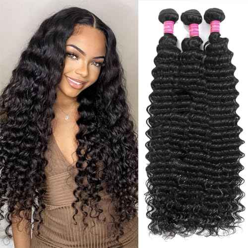 Deep Wave Human Hair Bundles- 20/22/24 Inch Curly Deep Wave Bundles Unprocessed Brazilian Virgin Wet and Wavy Bundles human hair 12A Hair Extensions Real Human Hair for Woman Natural Color Full, Soft