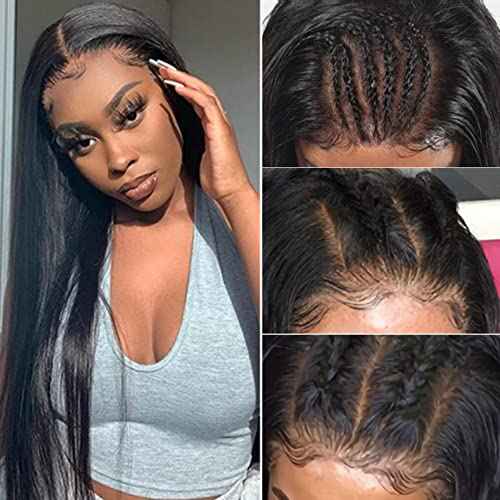 28Inch Straight 4x4 Lace Front Wigs for Black Women Glueless Human Hair Wear and Go Brazilian Virgin HD Transparent Lace Closure Wigs Pre Plucked with Baby Hair