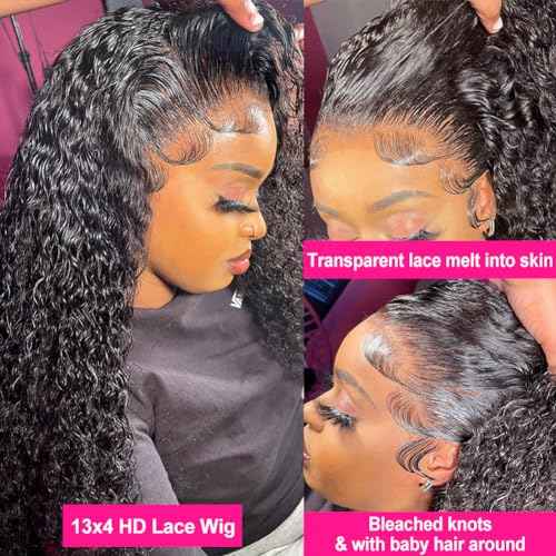 Pizazz Deep Wave Lace Front Wigs Human Hair Pre Plucked180 Density 13x4 HD Lace Frontal Human Hair Wigs with Baby Hair (16 Inch, Black color)