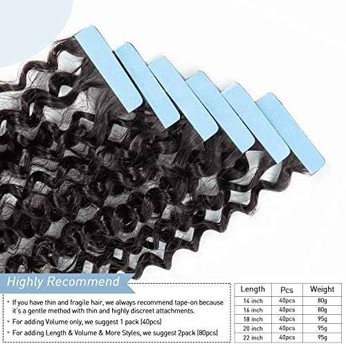 Urbeauty 40 Pcs Kinky Curly Tape in Hair Extensions - Human Hair, Black, Semi Permanent, Invisible Tape Attached