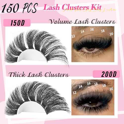 Lash Clusters Kit 150D+200D Thick Lash Clusters Eyelash Extension Kit 12-20mm Individual Lashes Kit with Lash Bond and Seal, Lash Tweezers for DIY Lashes Extension by INSPEAUTY