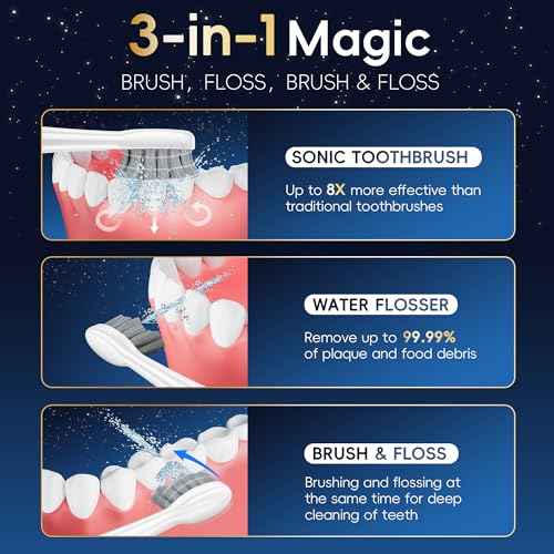 Electric Toothbrush with Water Flosser Combo in One, Professional Flossing Toothbrush for Teeth Cleaning and Flossing, Plaque Removal, Rechargeable, 5 Brush Modes & 3 Flossing Speeds, 500ML