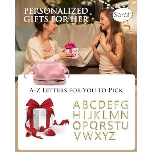 Gifts for Her Birthday-Gift Ideas for Woman Initial Large Makeup Bag, Personalized Double Layer Cosmetic Bag with Makeup Brush Organizer, Waterproof, Travel Toiletry Bag for College Girls