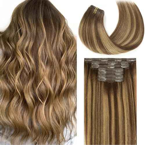 Loxxy Invisible Clip in Hair Extensions Real Human Hair Ombre Medium Brown to Caramel Blonde 16Inch 130G 7Pcs Thin Pu Weft Seamless Hair Extensions Clip in Thick Remy Hair Silky Straight