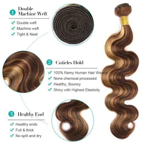 P4/27 Highlight Body Wave Ombre Honey Blonde Brazilian Human Hair Bundles 8 10 12 Inch 2 Tone Brown and Blonde Hair Wet and Wavy Bundles Brown Weft Hair Extensions for Black Women
