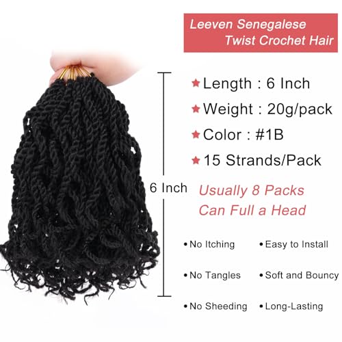 Leeven 6 Inch Senegalese Twist Crochet Hair with Curly Ends, 8 Packs Black Pre Looped 2 Strand Short Twist Hair, Wavy Small Hanava Twist, Synthetic Crochet Braids for Women Girl Kids