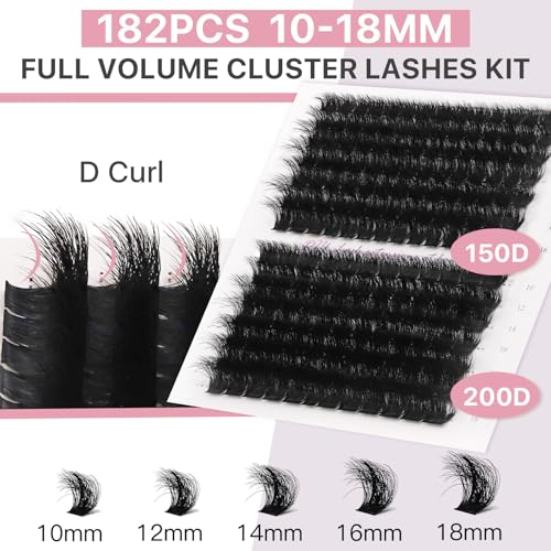 Fluffy Lash Extension Kit 182Pcs Thick Eyelash Extension Kit 10-18mm Volume Cluster Lashes Set with Bond and Seal Tweezers Cluster Remover (150D&200D Kit)