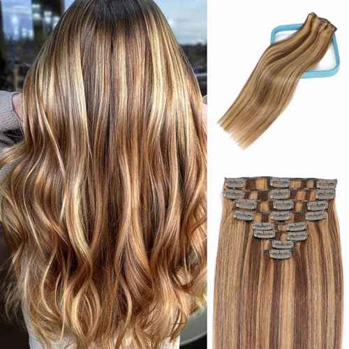 LORIEN Clip in Hair Extensions Real Human Hair, 14 Inch 80g, 4/27 Chocolate Brown to Caramel Blonde Color, Clip in 100% Brazilian Remy Human Hair Extensions 8pcs Per Set with 18 Clips Double Weft