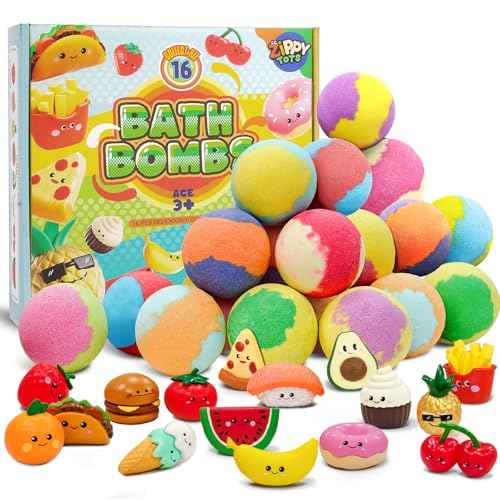 Kids Bath Bombs with Food Toys Inside, 16 Pack Colorful Surprise Bath Fizzies Set, Organic Fizzy Bubble Bath Bombs for Girls & Boys, Ages 3+