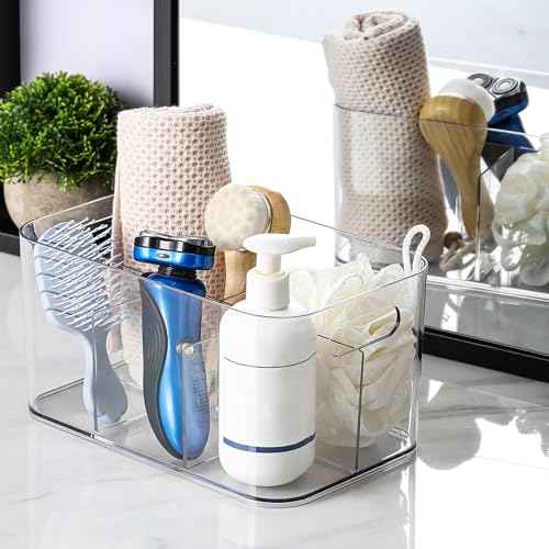 2 Pack, 5-Compartment Clear Plastic Bin - Divided Art Supplies, Cosmetic Makeup Caddy Organizer - Multiuse Storage Container for Vanity, Bathroom, Kitchen, Office, Craft, Shower, Cleaning Items