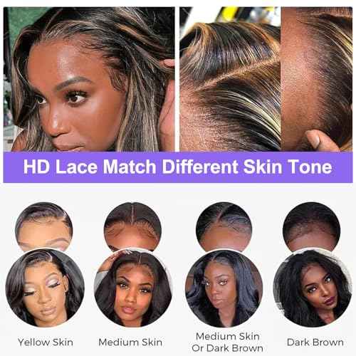 Blonde Highlight 13x4 Glueless Lace Front Wigs Human Hair 200% Density Pre Plucked with Baby Hair 13x4 Full Lace Front Wigs HD Transparent Lace Wig Balayage Wigs for Women 26 Inch
