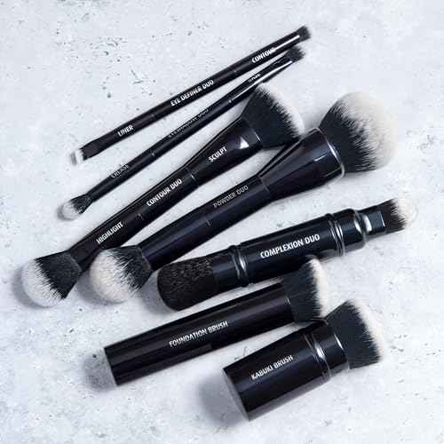 Lune+Aster Contour Duo Brush | Dual-Ended Contour Makeup Brush To Sculpt And Highlight. Made with Alumium Handle, Vegan Bristles.