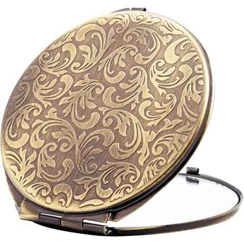 Retro metal compact travel mirror 1x/2x magnification compact portable foldable, used as a compact magnifying glass for wallets and pockets, distortion free folding portable compact mirror (bronze)