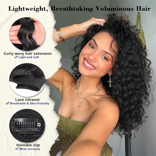 18 Inch Curly Wavy Clip in Hair Extensions 4PCS,QGZ Heat-Stylable Synthetic Lace Weft Extensions for Women, Black for Daily & Party Wear