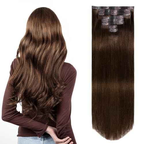 Clip in Hair Extensions Real Human Hair Chocolate Brown Seamless Clip In 100% Straight Remy Hair Extensions PU Skin Weft Add Volume for Women #4A 18Inch 120G 8PCS