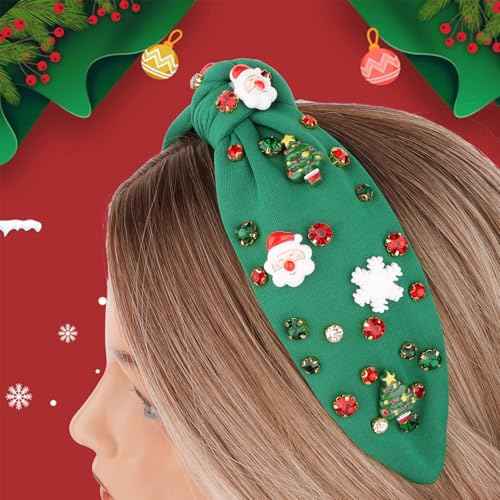 Green Christmas Headbands for Women Crystal Knotted Headbands Wide Top Knot Holiday Headband Christmas Hair Bands for Women's Hair