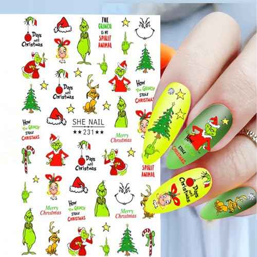 Griinch Nail Art Stickers Decals 7 Sheets, Christmas Nail Stickers for Nail Art Design Holiday Decoration Accessories for Women Girls Kids 3D Self-Adhesive