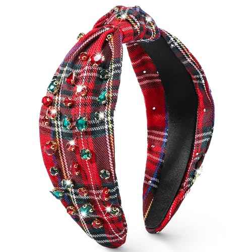 obeoby Christmas Headband for Women, Knotted Headband with Jeweled Crystal Decorations Holiday Hairband Christmas Accessories