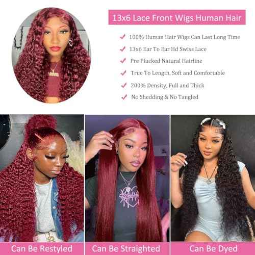 Burgundy Wig Human Hair 99j Burgundy 13x6 Deep Wave Lace Front Wigs Human Hair Pre Plucked HD Transparent Lace Frontal Wigs for Black Women Red Colored Wig 24 Inch